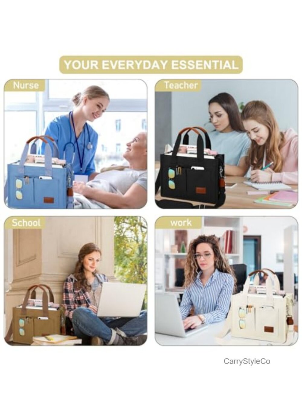 Large Canvas Tote Bag Zipper Compartments Crossbody Work Messenger - Picture 3 of 6